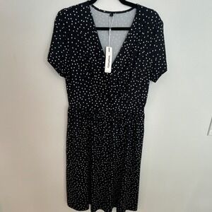 VotePretty Black White Polka Dot Knee Length A-Line Dress V-Neck Short Sleeve L